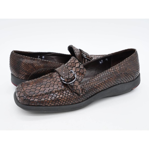 Sesto Meucci Loafers Womens 7 Brown Leather Snake Embossed Slip On Square Toe - Picture 1 of 12